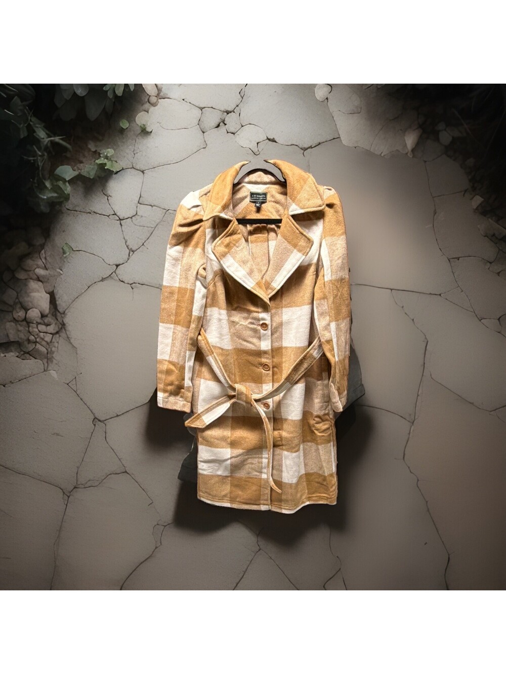 G By Giuliana Women's S Beige White Plaid Belted Mid-Length Overcoat Coat